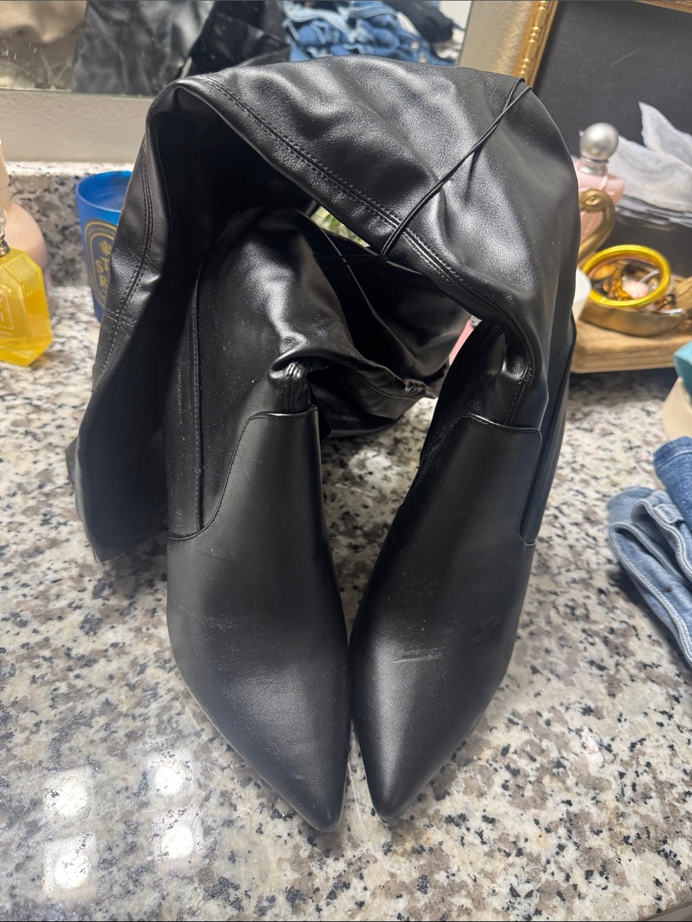 Forever 21 Black Faux Leather Over-the-Knee Pointed-Toe Boots
